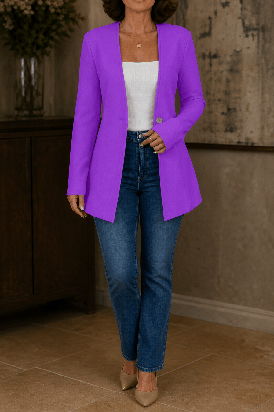 Linevalle V-Neck Single-Button A-Line Women's Tailored Blazer in Polyester