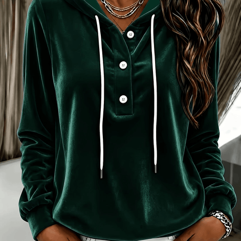 Women's Velvet Hooded Sweatshirt with Button Placket and Drawstring