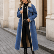 Denora Sherpa-Lined Full-Length Denim Coat with Lapel Collar