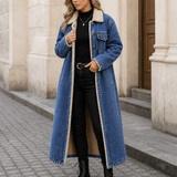 Denora Sherpa-Lined Full-Length Denim Coat with Lapel Collar