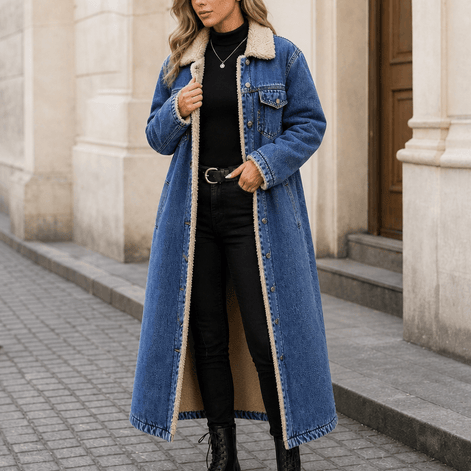 Denora Sherpa-Lined Full-Length Denim Coat with Lapel Collar