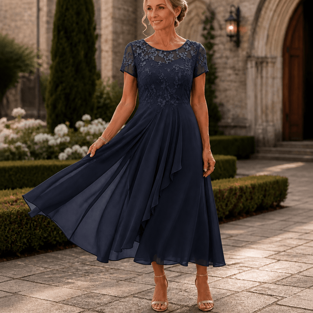 Lace Bodice Chiffon Women's Midi Dress with Ruffle Skirt