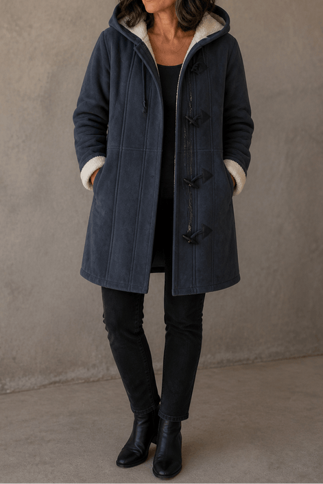 Women's Hooded Faux Suede Toggle Coat with Plush Sherpa Lining