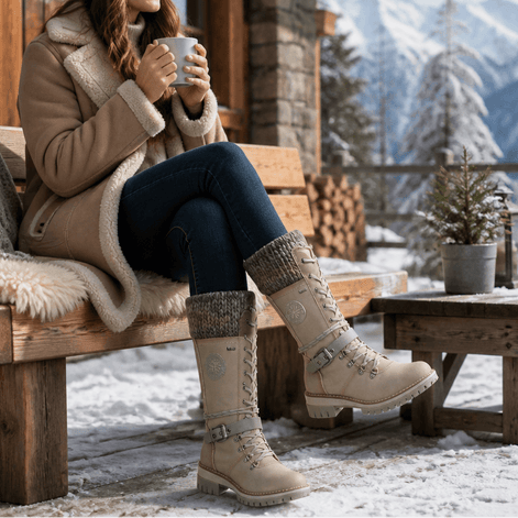 Women's Knit-Cuff Lace-Up Winter Boots with Buckle Strap