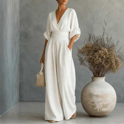 Wide Leg V-Neck Jumpsuit with Pleated Waist Sash for Women