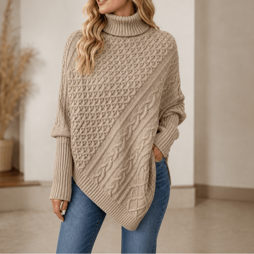 Women's Cable-Knit Turtleneck Poncho Jumper with Ribbed Trim