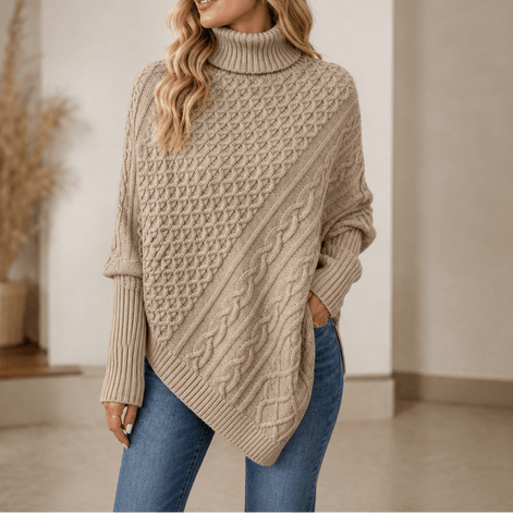 Women's Cable-Knit Turtleneck Poncho Jumper with Ribbed Trim