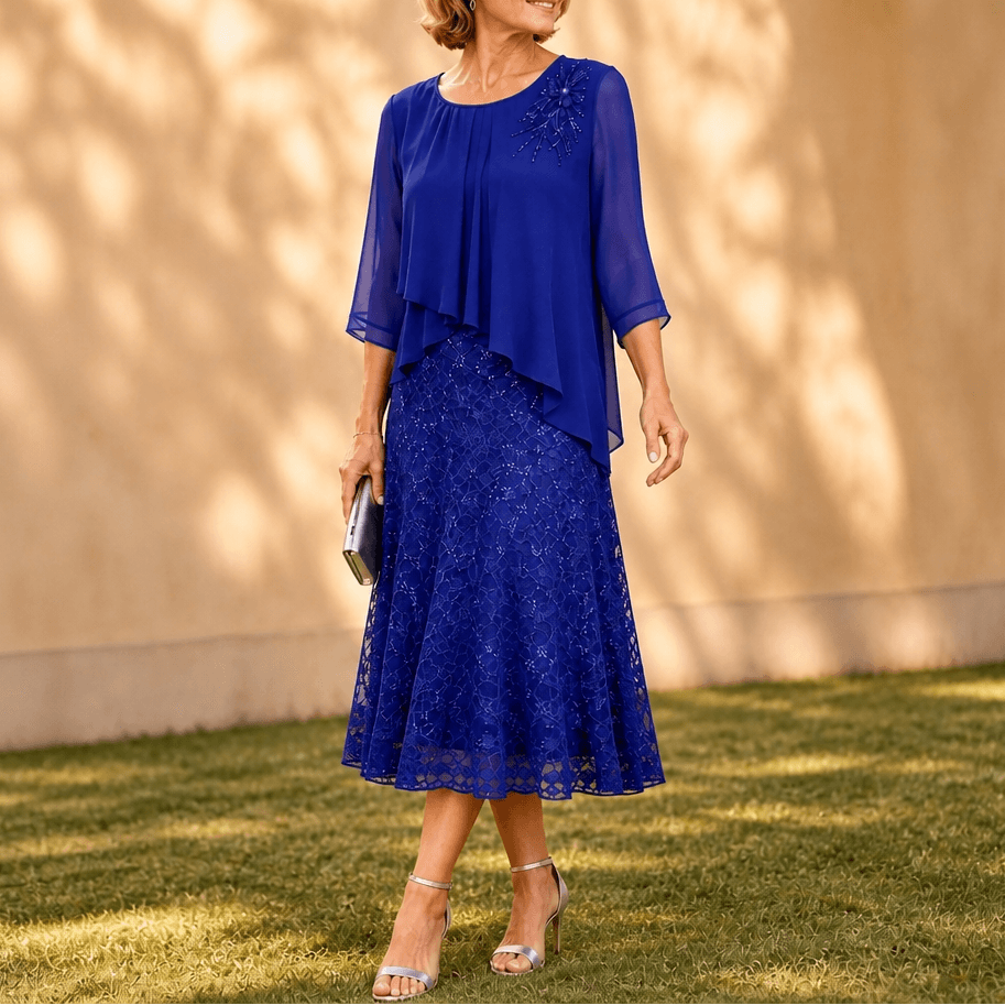 Elavine Sheer-Sleeve Floral Lace Overlay Chiffon Women's Midi Dress