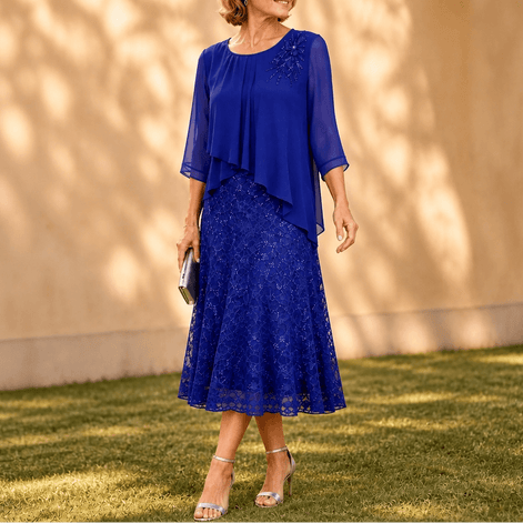 Elavine Sheer-Sleeve Floral Lace Overlay Chiffon Women's Midi Dress
