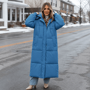 Women's Long Hooded Quilted Puffer Jacket with Pockets in Polyester