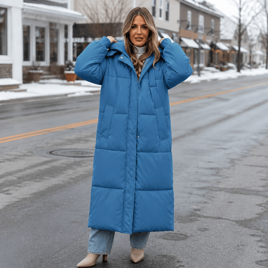 Women's Long Hooded Quilted Puffer Jacket with Pockets in Polyester