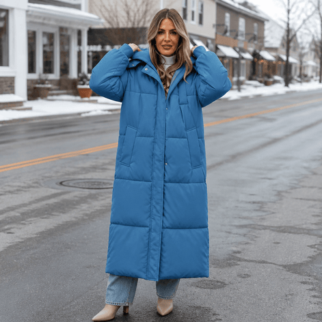 Women's Long Hooded Quilted Puffer Jacket with Pockets in Polyester