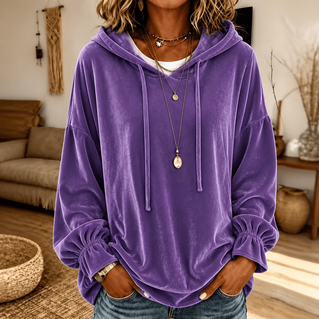 Ruffle Cuff Velvet Hoodie with Dropped Shoulder for Women