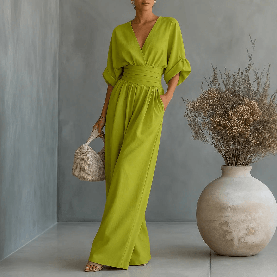 Wide Leg V-Neck Jumpsuit with Pleated Waist Sash for Women