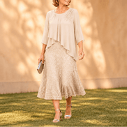 Elavine Sheer-Sleeve Floral Lace Overlay Chiffon Women's Midi Dress