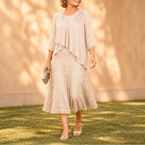 Elavine Sheer-Sleeve Floral Lace Overlay Chiffon Women's Midi Dress