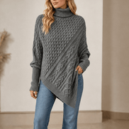 Women's Cable-Knit Turtleneck Poncho Jumper with Ribbed Trim