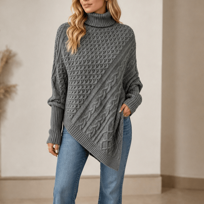 Women's Cable-Knit Turtleneck Poncho Jumper with Ribbed Trim