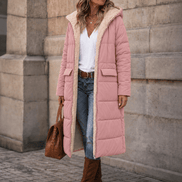 Reversible Hooded Long Puffer Coat with Faux Shearling Lining