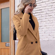Women's Notch Lapel Double-Breasted Long Wool Winter Coat with Side Pockets