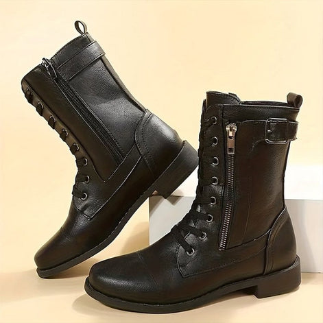Hazel Lace-Up Combat Boots with Side Zip and Buckle Detail in Faux Leather