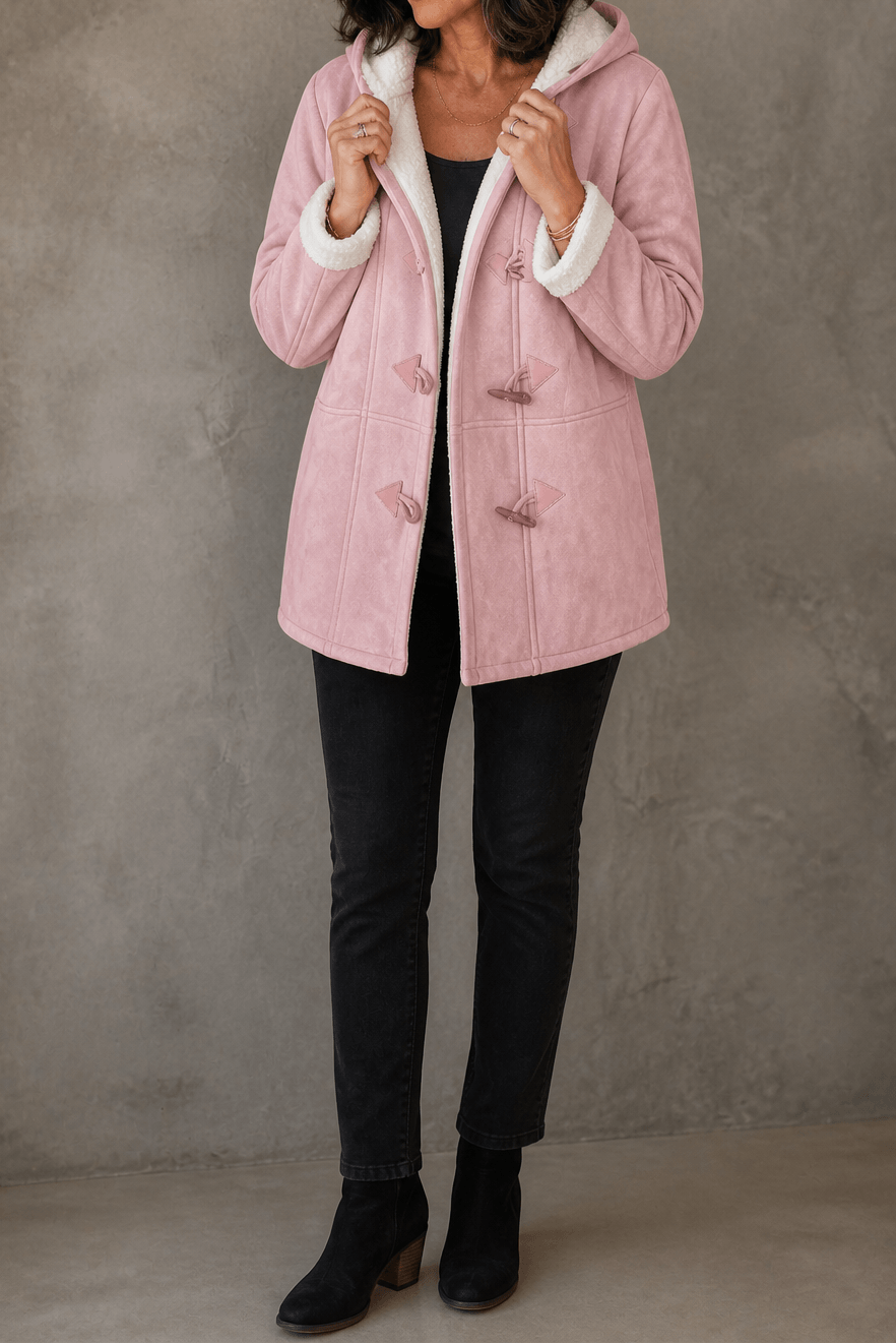 Women's Hooded Faux Suede Toggle Coat with Plush Sherpa Lining