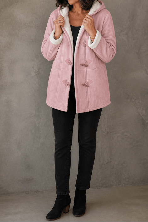 Women's Hooded Faux Suede Toggle Coat with Plush Sherpa Lining