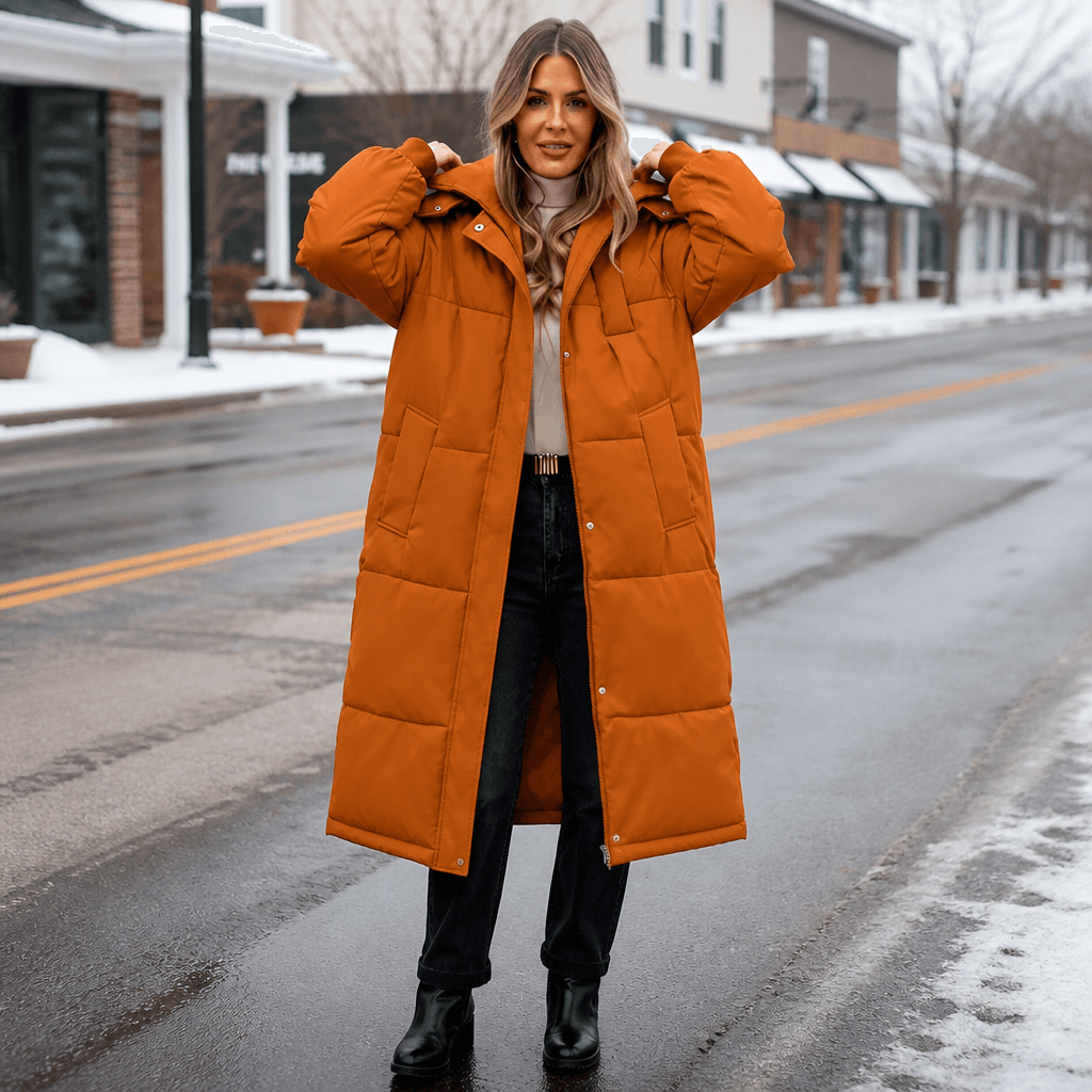Women's Long Hooded Quilted Puffer Jacket with Pockets in Polyester