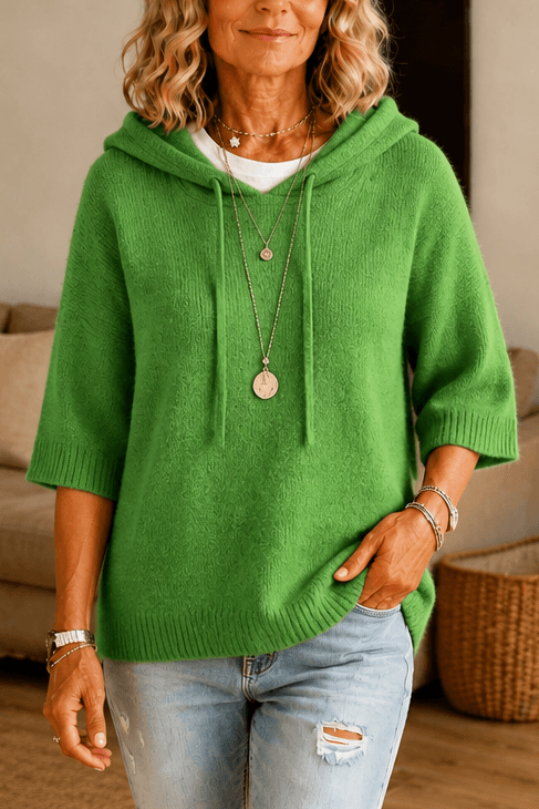 Women's Hooded Knit Jumper with Drawstring and Dropped Shoulders