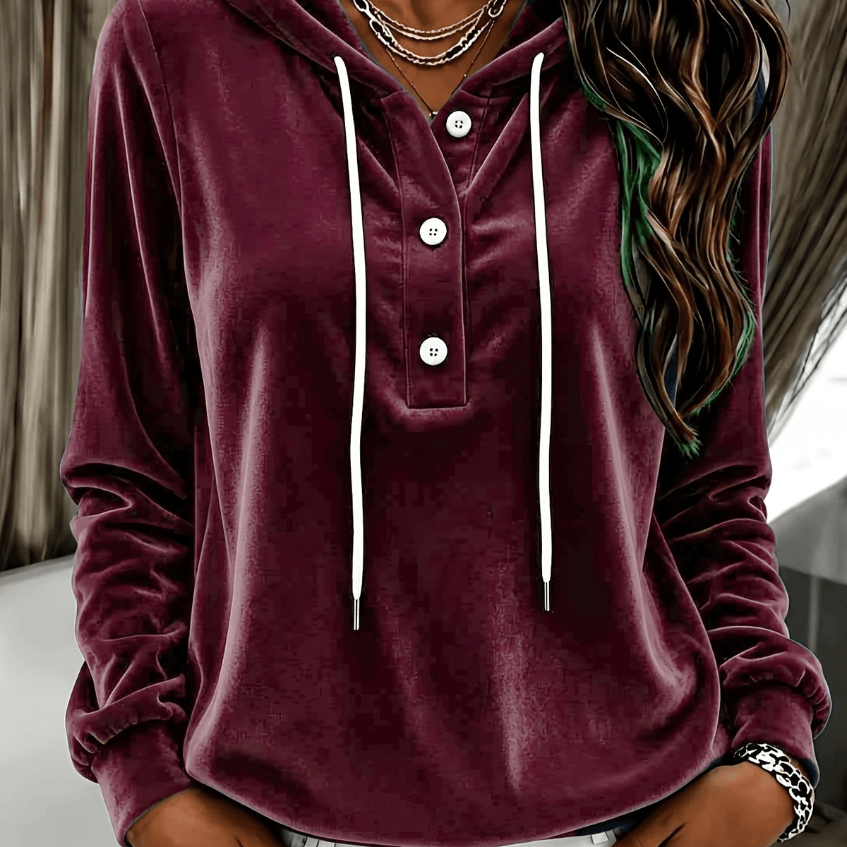 Women's Velvet Hooded Sweatshirt with Button Placket and Drawstring