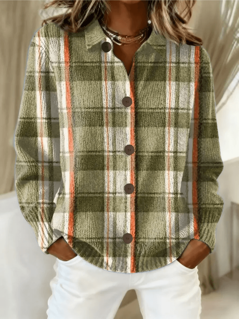 Esmeralda Plaid Cotton Flannel Button-Up Long Sleeve Blouse for Women