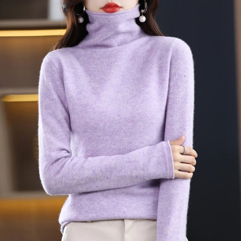 Women's Wool Turtleneck Knitted Jumper with Ribbed Cuffs