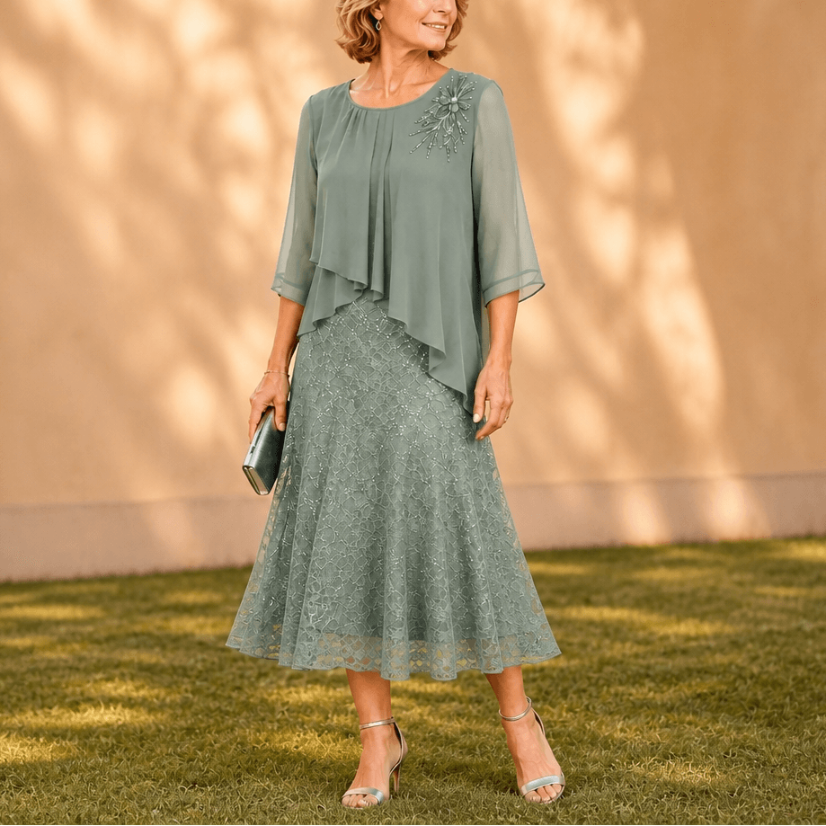 Elavine Sheer-Sleeve Floral Lace Overlay Chiffon Women's Midi Dress