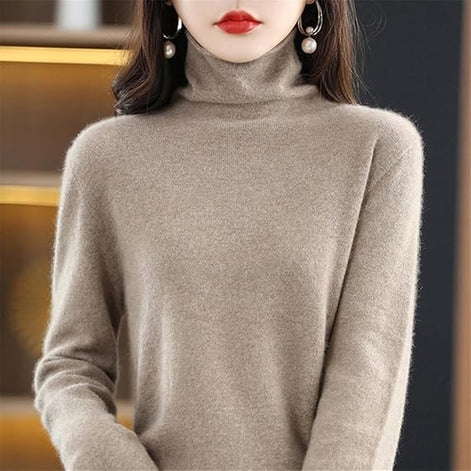 Women's Wool Turtleneck Knitted Jumper with Ribbed Cuffs