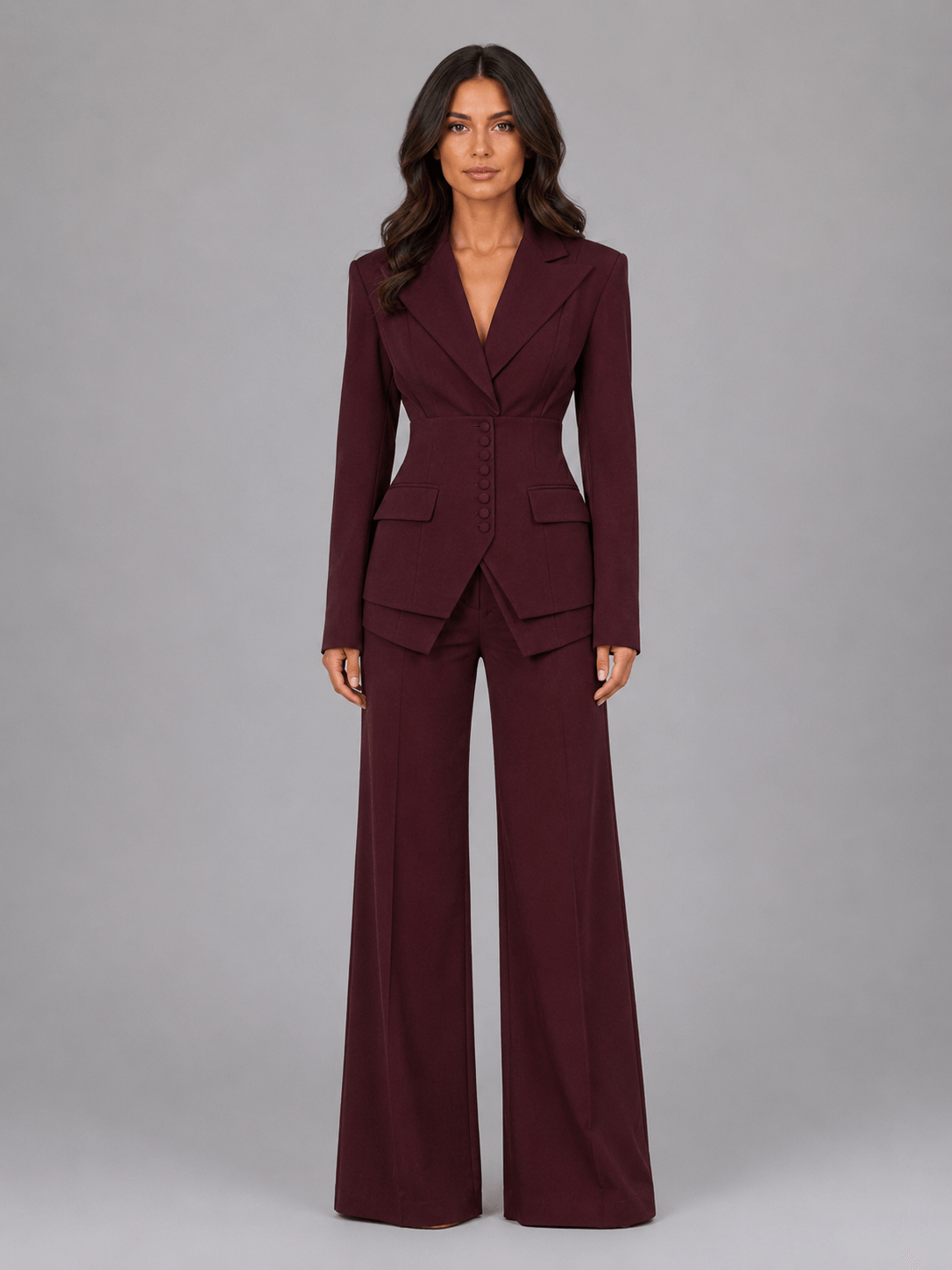 Cinched-Waist Blazer and Wide-Leg Trouser Suit with Tailored Fit