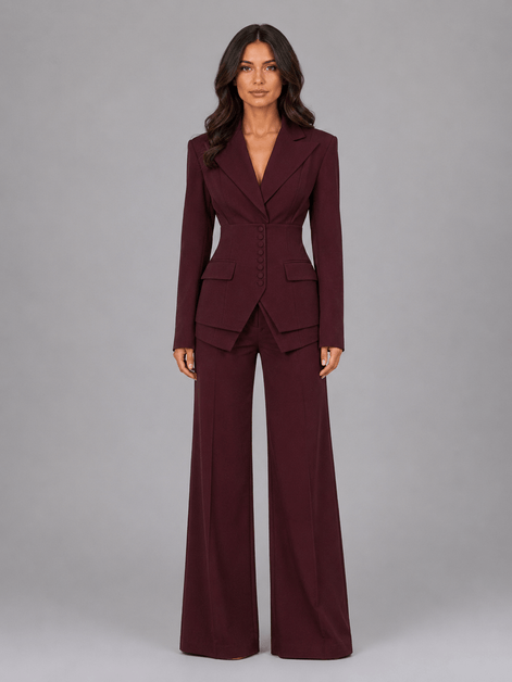 Cinched-Waist Blazer and Wide-Leg Trouser Suit with Tailored Fit