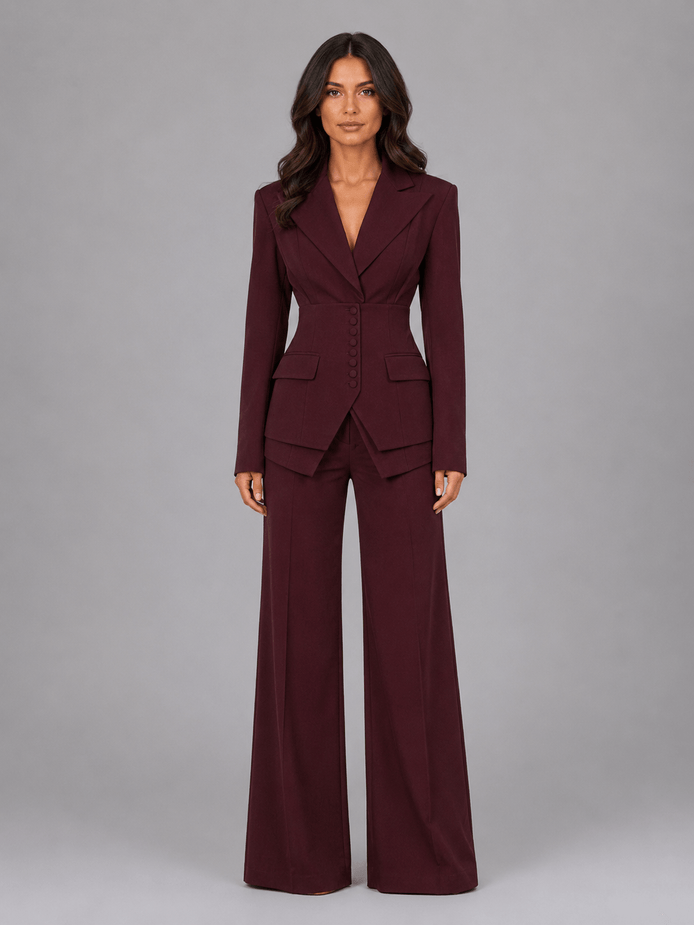 Cinched-Waist Blazer and Wide-Leg Trouser Suit with Tailored Fit