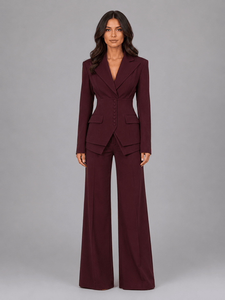Cinched-Waist Blazer and Wide-Leg Trouser Suit with Tailored Fit