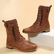 Hazel Lace-Up Combat Boots with Side Zip and Buckle Detail in Faux Leather