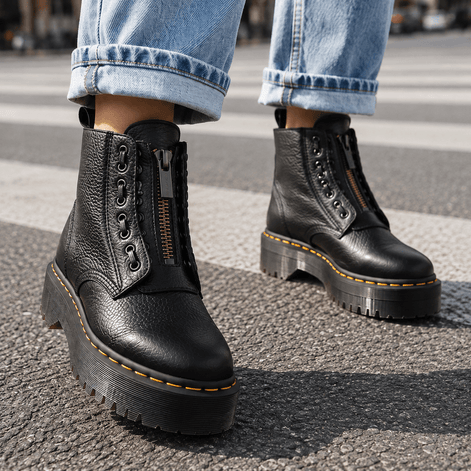 Chunky Platform Heeled Boots with Front Zip and Lace Panel Detailing