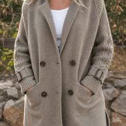 Cable-Knit Sleeve Double-Breasted Longline Coat for Women