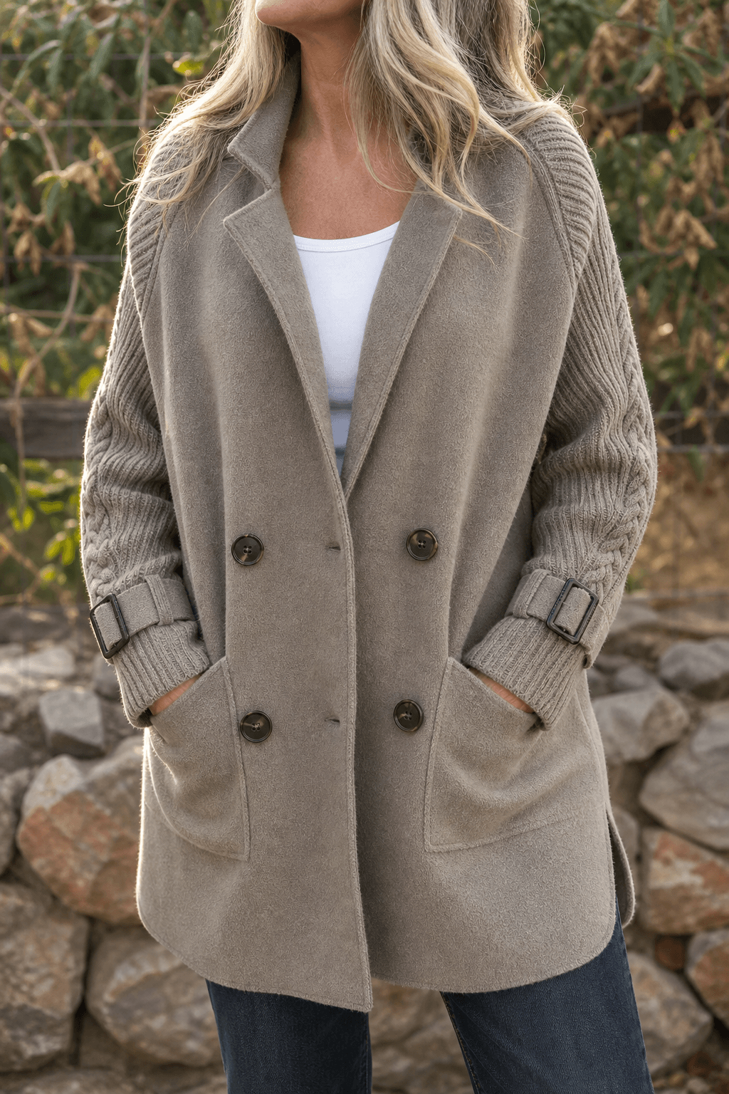 Cable-Knit Sleeve Double-Breasted Longline Coat for Women