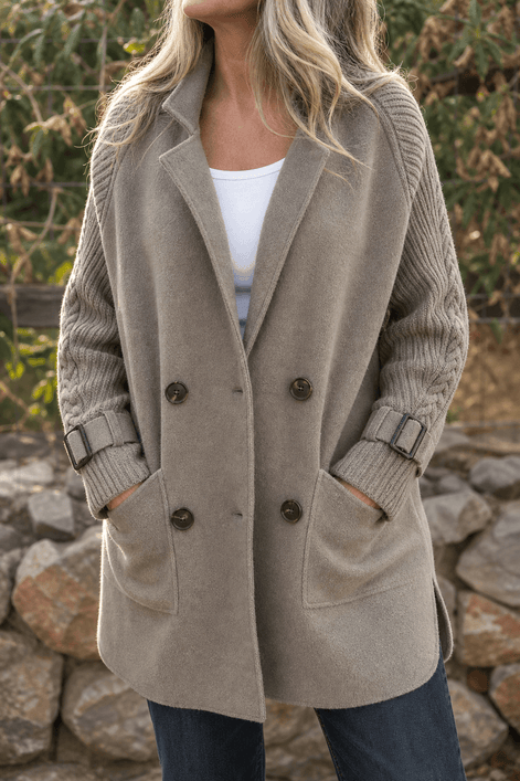 Cable-Knit Sleeve Double-Breasted Longline Coat for Women