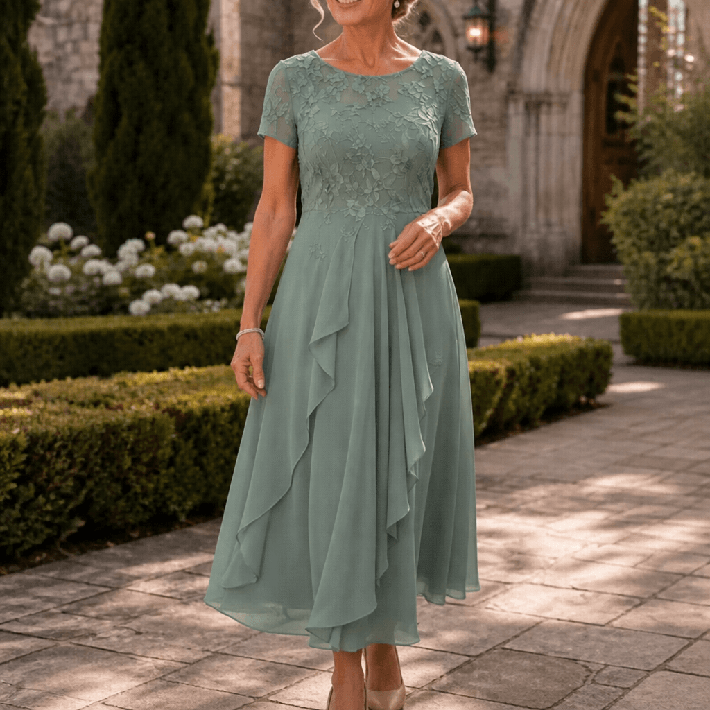 Lace Bodice Chiffon Women's Midi Dress with Ruffle Skirt