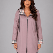Women's Hooded Longline Zip-Up Rain Jacket with Check Trim
