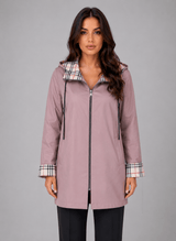 Women's Hooded Longline Zip-Up Rain Jacket with Check Trim