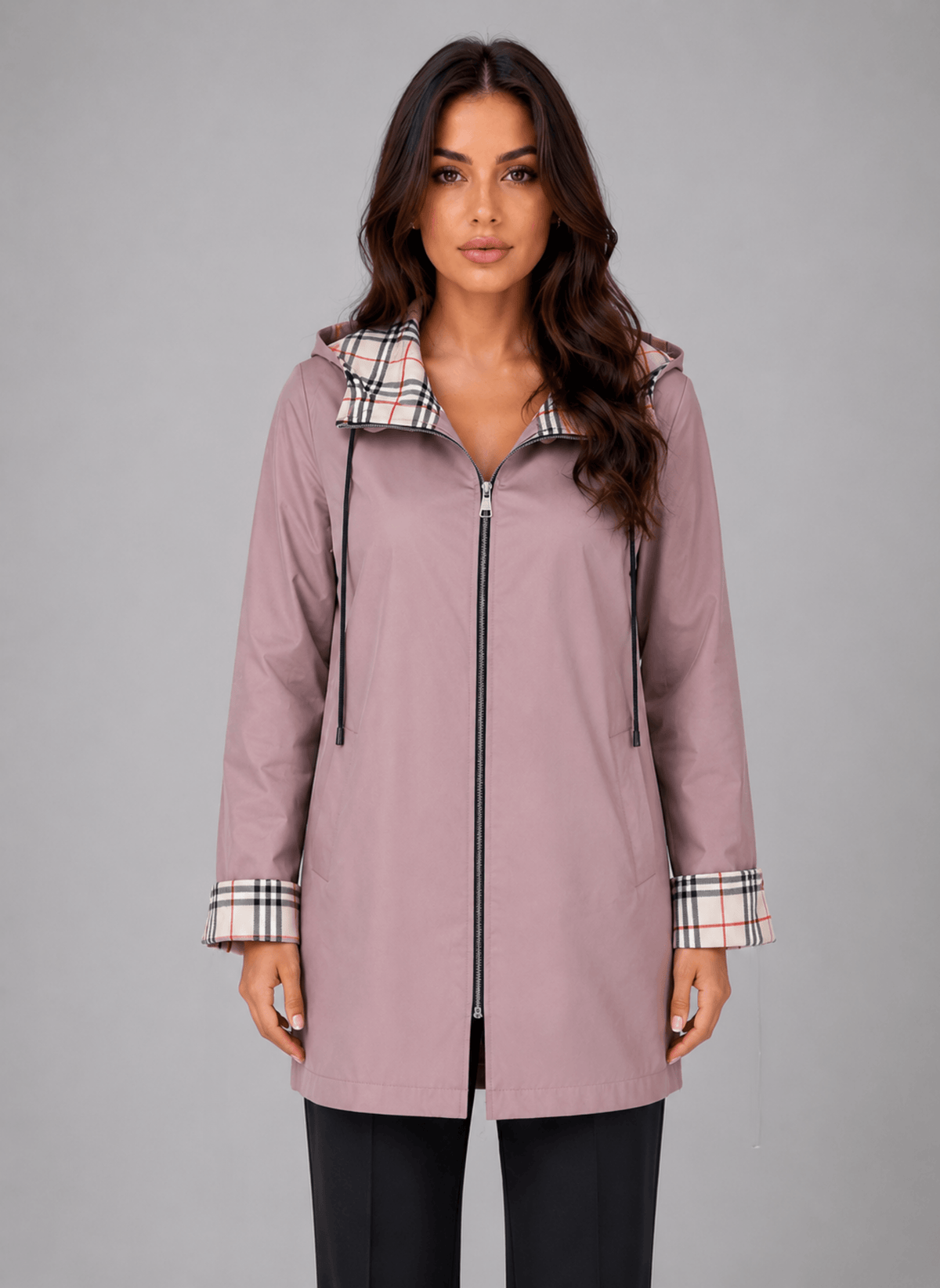 Women's Hooded Longline Zip-Up Rain Jacket with Check Trim