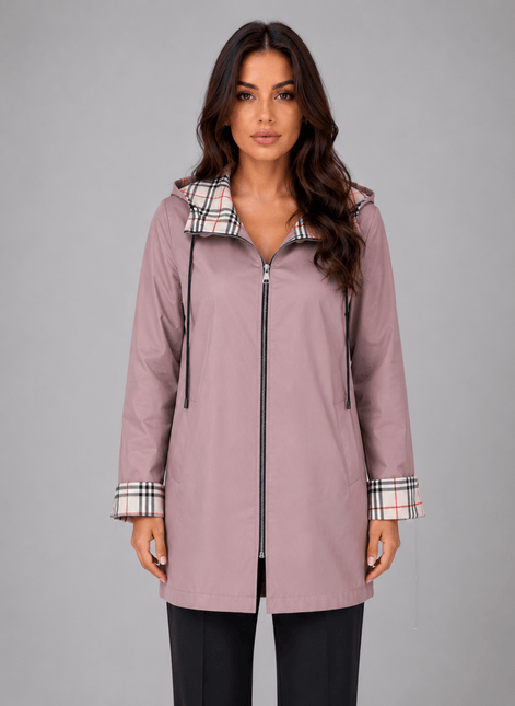 Women's Hooded Longline Zip-Up Rain Jacket with Check Trim