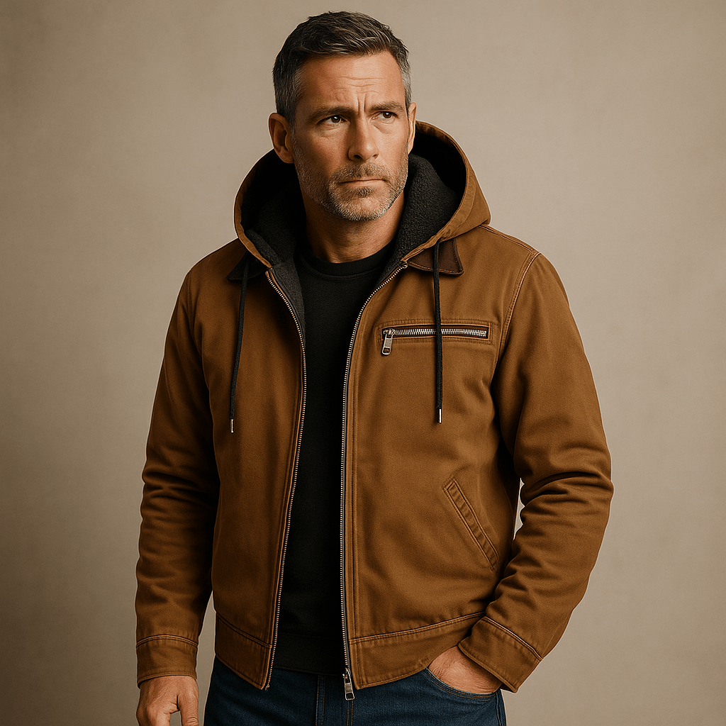 Men's Hooded Cotton Jacket with Fleece Lining and Suede-Trimmed Collar