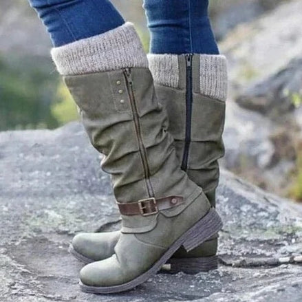 Women's Knee-High Winter Boots with Knit Cuff and Buckle Strap